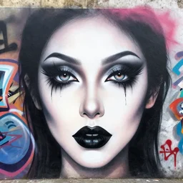 aesthetic eyes, heavy goth makeup, large spray graffiti on a wall by famous london graffiti artist