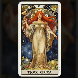 a full body tarot card of the red haired tjocc empress of eternity, space, universe, portrait, highly detailed, deep focus, elegant, digital painting, smooth, sharp focus, illustration, ultra realistic, 8 k, art by artgerm and alphonse mucha