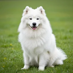 photography of a samoyed sog sitting on grass, deep focus, highly detailed