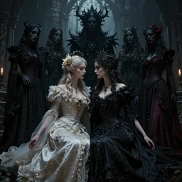 two beautiful gothic heroines, secret brides to the faceless slaves of the nameless night of the castle of dread desire, intricate artwork by melissa houpert, josan gonzalez, artgerm, edmund leighton, alphonse mucha, greg rutkowski, majestic, cinematic, gothic, mysterious, octane render, unreal engine, trending on artstation 8 k