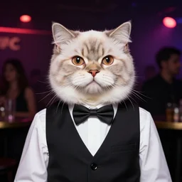 of a gelement with the head of a british longhair cat, wearing vest suite in the night club, by greg rutkowski