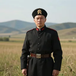 a russian warrior in a black uniform with a beautiful cap with a banner of the savior not made by hands stands against the background of fields, mountains and hills digital art, 8 k, character, realism, portrait