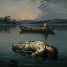 style of hubert robert, creature lurking under the water, lake, man on boat above water, evening, stars
