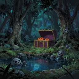 scary halloween land with a pond, beautiful ancient trees, hiding large treasure chest, serene evening atmosphere, soft lens, soft light, cel - shading, animation, in the style of cgsociety, deviantart, artstation, zbrush, cinema 4 d, studio ghibli, akihiko yoshida, atelier lulua, masamune shirow