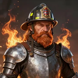 An old man with a ginger beard, wearing, medieval knights armour and a fire fighters helmet. Highly detailed, digital art, sharp focus, trending on art station, fire elemental, anime art style