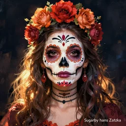 Illustration of a sugar skull day of the dead girl, art by hans zatzka