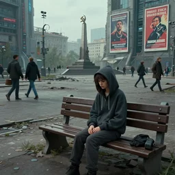 storyboard : sadie sink in hoodie sitting on a bench in ruined square, pedestrians walk by, soviet monument and propaganda posters. scifi cyberpunk. by gabriel hardman. cinematic atmosphere, detailed and intricate, perfect anatomy