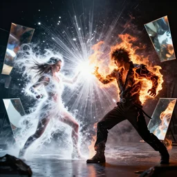 action photography of a man and a woman fight in a magic duel. the man uses a black magic spell causing intense flames. the woman used a spell of white magic causing an avalanche of many bursts of light. several mirrors surround them and reflect their fight. atmosphere of intense pressure.