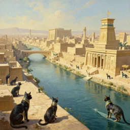 a beautiful and highly detailed digital painting of an ancient Egyptian city of River canals ruled by cats by Marc Simonetti