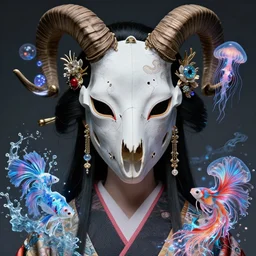 goddess macro close - up portrait wigh crown made of ram skull. beautiful intricately detailed japanese crow kitsune mask and clasical japanese kimono. betta fish, jellyfish phoenix, bioluminescent, plasma, ice, water, wind, creature, super intricate ornaments artwork by tooth wu and wlop and beeple and greg rutkowski