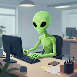 alien working in an office, concept art