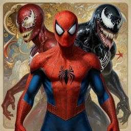 A full portrait of a  post apocalyptic spiderman Vs venom , intricate, highly detailed, digital painting, artstation, smooth, sharp focus, illustration, art by Krenz Cushart and Artem Demura and alphonse mucha