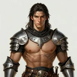 a professional painting of a muscular young male, clothed in military armor, olive skin, long dark hair, beautiful bone structure, well defined physique, symmetrical facial features, intricate, elegant, digital painting, concept art, smooth, sharp focus, illustration, from Knights of the Old Republic, by Ruan Jia and Mandy Jurgens and Artgerm and William-Adolphe Bouguerea