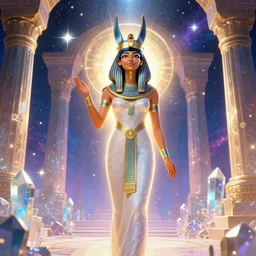 high priestess channeling the Egyptian goddess Isis, radiant, joyful, loving, backlit, standing in a cosmic crystal temple surrounded by stars, digital art by medders, trending on artstation