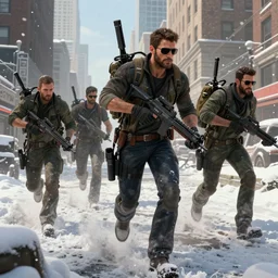 agents from (Tom Clancy's The Division) running through snowy new york, high detail, digital art, trending on artstation, by Tom Garden