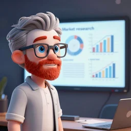 market research presenter, white skin, red short beard, blue eyes, grey hair, no glasses, charts, and trends on screen, smart, cartoonish