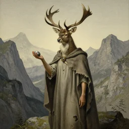 A detailed semideer-semiwoman stands among the mountains with a pebble in hand. Wearing a ripped mantle, robe. Extremely high details, realistic, fantasy art, solo, masterpiece, art by Zdzisław Beksiński, Arthur Rackham, Dariusz Zawadzki