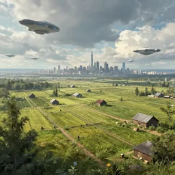 futuristic russian farm with city in background in the future with spaceships in the sky, by greg rutkowski