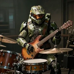 master chielf from the halo series trying to play guitar and drums at the same time