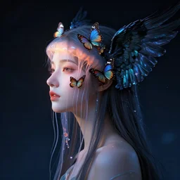 hyperrealism, night background, studio light, profile portrait of a goddess real face jellyfish phoenix butterfly crow wings, artwork by tooth wu and wlop. octane render, trending on artstation, greg rutkowski cinematic, hyper realism, high detail, octane render, 8 k