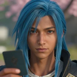 beautiful portrait, ( ( head shot ) ), brown skin, card, sharp focus, ffxiv, neo classic, blue hair, bloom, movie still, dogi, sony, symmetrical, makeup, sephora, loreal, red highlights, lens flare, studio light, octane render, maybelline, model, forest, traditional, vsco, bokeh, 8 k