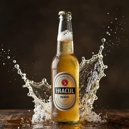 a photo of a bottle of beer, product photo, splashes of liquid, energetic, delicate by marcel christ