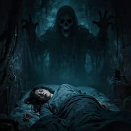 first person photo of a sleep paralysis, horror, dark, fear, ghost, monster