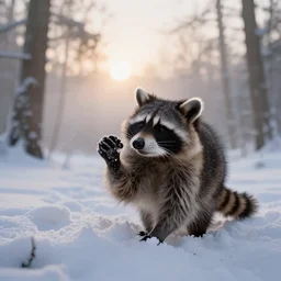 beautiful photo of a raccoon playing in a snow forest in the early hours of the morning with morning fog and snow. sunrise. nature. photography. national geographic. detailed face and fur, ultra hd, sharp. volumetric lighting, hasselblad. nikon z 9. 1 0 0 mm. f / 2. 5