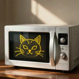 A microwave with a poorly-drawn yellow crayon cat face on the front