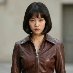 youthful asian blade runner demure, exquisite features, feminine cut, 1 9 7 0's frontiers in flight leather suit, roger deakins, even lighting