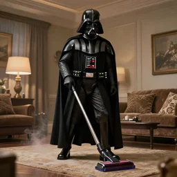 Darth Vader vacuuming the house, photo realistic, award-winning, highly-detailed