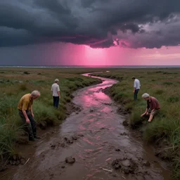 muddy river leads to sea by hiroshi yoshida, marc simonetti, roger deakins, turner, rothko, hyperrealism, cinematic, grassland, dramatic storm sunset, pink neon light strips, matte painting, fluid simulation, tonalism, volumetric light, trending on artstation, cgsociety, high detail concept art, top view, rendered in octane