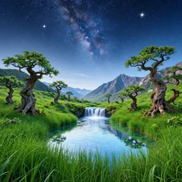 a mirror landscape view, mirror sky, stars made of mirrors in the sky, mirror waterfall, mirror grass, weird mirror trees, mirror mountains, epic composition, colorful, 4 k, detailed, realistic
