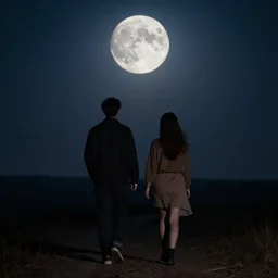 a couple leaving together in the night, walking towards the full moon, cinematic lighting, wow, establishing shot