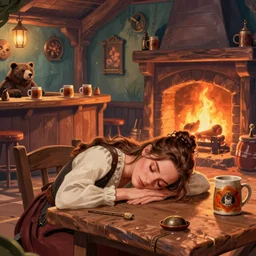 kate beckinsale sleep fall head on table, in fantasy tavern near fireplace, behind bar deck with bear mugs, medieval dnd, colorfull digital fantasy art, 4k