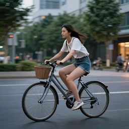 a girl rides a bicycle on the street at dusk