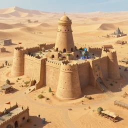 the stongest fortress in the world stands in the middle of desert town, a lot of small details, small flags around, magic and sci - fi details, artstation trendings, epic
