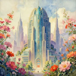 a painting of an art - deco cityscape surrounded by flowers, a watercolor and matte painting by donato giancola and mandy jurgens and charlie bowater, cgsociety, artdeco, utopia art, sci - fi, artstation hq