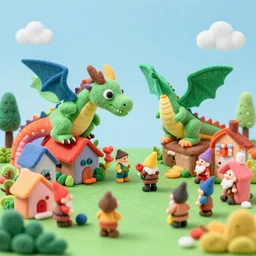 dragon made of felt attacking cute colorful vibrant clay village, gnome villagers, handmade, diorama