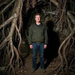 an award-winning photograph, portrait of a man underground with tree roots, in the style of Jeff Wall