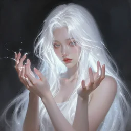 girl with silk glowing white hair with glowing white stings coming out of her hands, concept digital art trending on artstation oilpaint