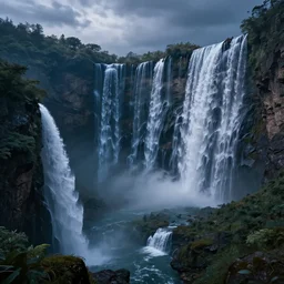 mountainscape with multiple extremely huge waterfalls at night, fantasy art, hyperrealistic, octane render, trending on artstation, concept art, artstationHD, artstationHQ, unreal engine, 8k