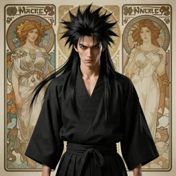 demon martial artist, japanese demon boy, young adult yokai with long spiky black hair, vampire, edgy 9 0 s, vantablack gi, simple clothes, ultra realistic, intricate details, highly detailed, subsurface scattering, photorealistic, octane render, 8 k, art by artgerm, greg rutkowski, magali villeneuve, alphonse mucha