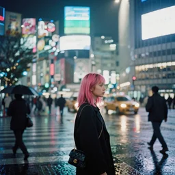 street of shibuya photography, night, rain, mist, a girl with pink hair, cinestill 8 0 0 t, in the style of william eggleston