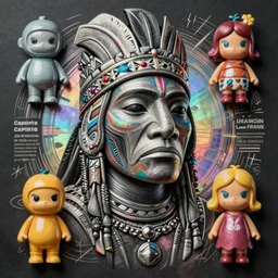 a distopic espiritual diagram portrait of a Selk'nam with a Capirote, Plastic toy, art toy, by Jim Woodring and lisa frank , Award winning engraving, iridiscense, dramatic lighting, Accurate and detailed, sharp focus, octane render, 8k ,