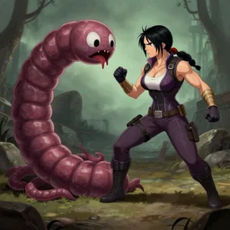 Sheva Alomar from Resident Evil fighting large worm, by Buckethead on Deviantart