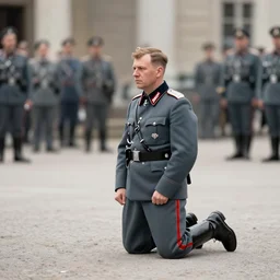 ultra wide 1 9 4 6 historical photo of a single german general kneeling to pet a corgi, a young queen elizabeth watches him, french village exterior, highly detailed, sharp focus
