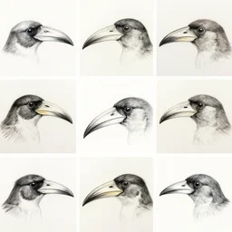 montage of style sheets, bird beaks, hand drawn, by acorn maturalists