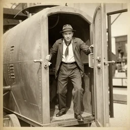 time traveller arrives in his time machine, vintage associated press photo