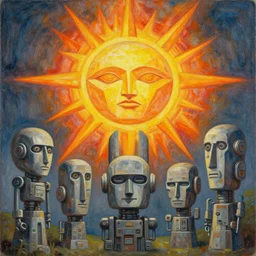 a painting of a blazing geometric sun above a totem of robot heads, detailed, 4 k, by stanley donwood philippe druillet and victo ngai,